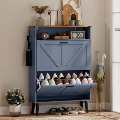 HOMCOM Shoe Storage Cabinet with 2 Flip Drawers, Farmhouse Narrow Shoe Cabinet, Holds Up to 16 Pairs, Blue