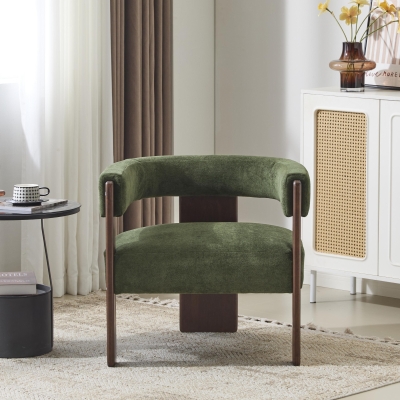Modern Lounge Sofa Chair with Barrel-Back Design, Stylish Accent Armchair with 3-Leg Frame, 29.5" L x 26" W x 27" H, Olive Green+Walnut