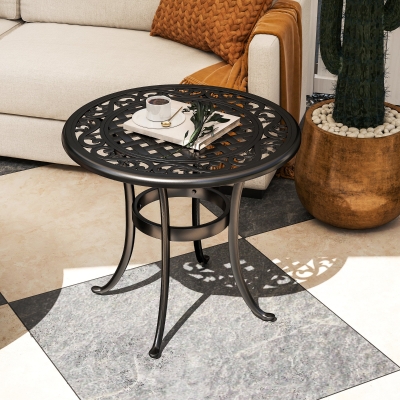 Outsunny Ф23.6" Round Outdoor Side Table, Cast Aluminum Frame Patio Coffee Side Desk for Patio, Garden, Balcony, Black
