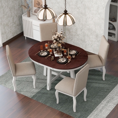 Farmhouse Dining Set with Upholstered High-Back Chairs, Sturdy Side Chair Set for Living Room, 58" L x 42" W x 30" H, Beige+Off White+Walnut