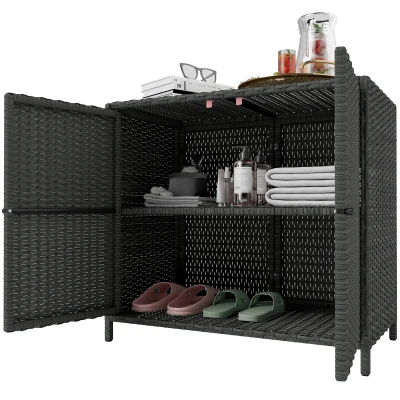 Outsunny Wicker Outdoor Storage Cabinet Double Magnetic Doors, PE Rattan Outdoor Towel Rack for Pool, Patio, Dark Grey