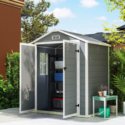 Outsunny 6x4.5FT Plastic Shed, Lockable Garden Tool Storage House with Double Doors and Vent, Grey