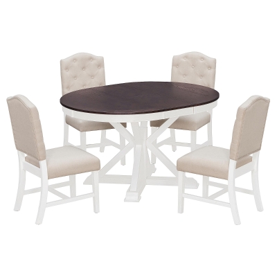 Extendable Dining Table Set with 4 Upholstered Chairs, Stylish Kitchen Table Set with Oak Veneer Top, 54" L x 42" W x 30" H, Off White+Walnut