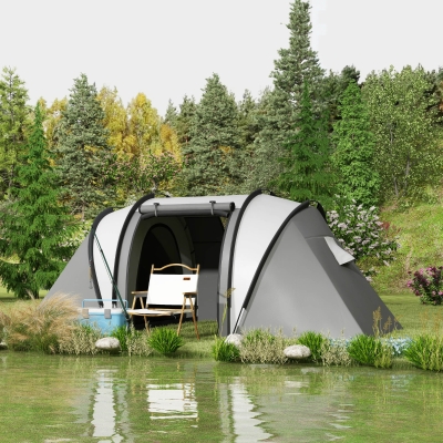 Outsunny Camping Tent with 2 Bedrooms and Living Area, 3000mm Waterproof Family Tent, for Fishing Hiking Festival, Grey