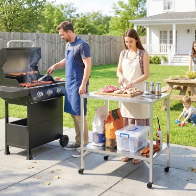 Outsunny Outdoor Grill Cart with Stainless Steel Tabletop, Pizza Oven Stand with Shelf, Lockable Wheels, Rolling BBQ Table
