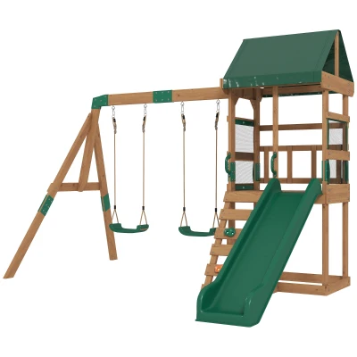 Qaba Wood Swing Set, Outdoor Playset with Slide, 2 Swings, Rock Wall and Covered Upper Deck, Kids Outdoor Playground