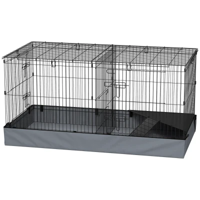 PawHut Guinea Pig Cage with Removable Top, 2 Separate Area, Waterproof Bottom Liner, Ramp, Perch, for Rabbits, Hedgehogs