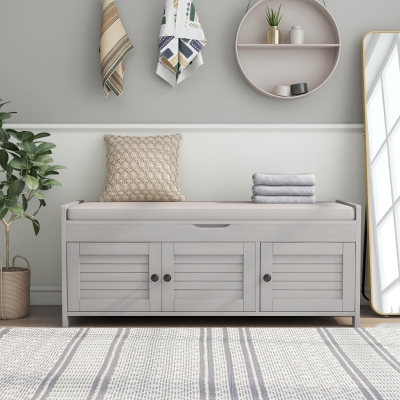 Rustic Storage Bench with Removable Linen-Blend Cushion, Functional Entryway Bench for Living Room, 43.5" L x 16" W x 18" H, Gray Wash