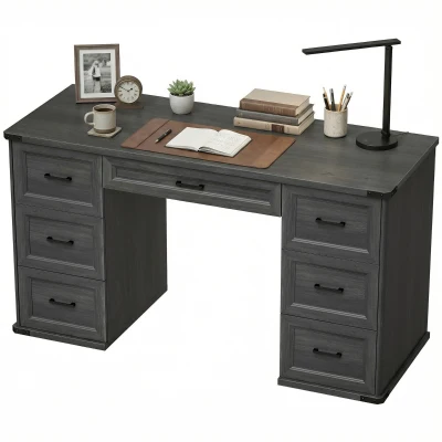 HOMCOM 55" Computer Desk with 7 Drawers, Farmhouse Executive Desk for Home Office, Study, Bedroom, Black Wood Grain
