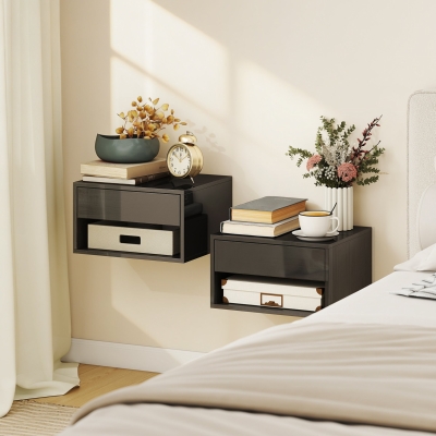 HOMCOM Floating Bedside Tables Set of 2, Wall-Mounted Nightstand, High Gloss Black