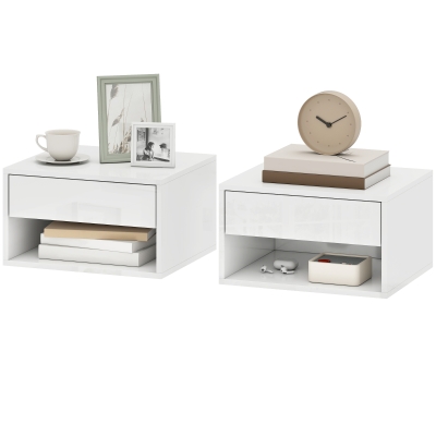 HOMCOM Floating Bedside Tables Set of 2, Wall-Mounted Nightstand, High Gloss White