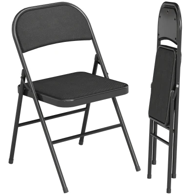 HOMCOM Set of 2 Metal Foldable Chairs, Linen Fabric Padded Folding Chairs with Cushion Seat and Open Back for Indoor, Black