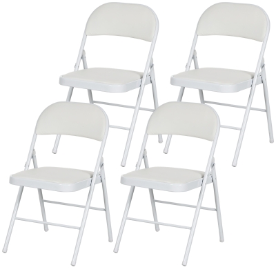 HOMCOM Set of 4 Metal Foldable Chairs, PU Leather Padded Folding Chairs with Cushion Seat and Open Back for Indoor, White