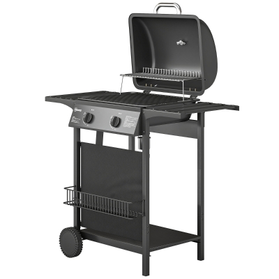 Outsunny 2-Burner Propane Gas Grill, 18000 BTU BBQ Grill with Wheels, Warming Rack, Shelf, Thermometer, Grease Cup, Black