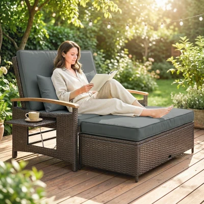 Outsunny Rattan Outdoor Daybed w/ Adjustable Backrest & Storage, Gray