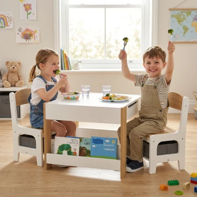 Qaba 3pc Kids Table & Chair Set with Storage & Blackboard, Natural