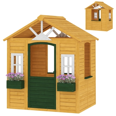 Qaba Wooden Kids Playhouse with Door & Flower Boxes, Ages 3–8