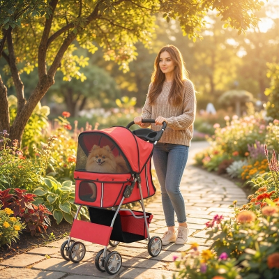 PawHut Pet Stroller with Reflective Strips, Foldable Cat Stroller with 360° Swivel Wheels for Small Dogs and Cats, Red