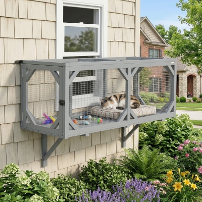 PawHut Cat Tunnel, Wooden Catio Outdoor Cat Enclosure with 2 Doors and Extendable Design, Wall-Mounted Pet Run