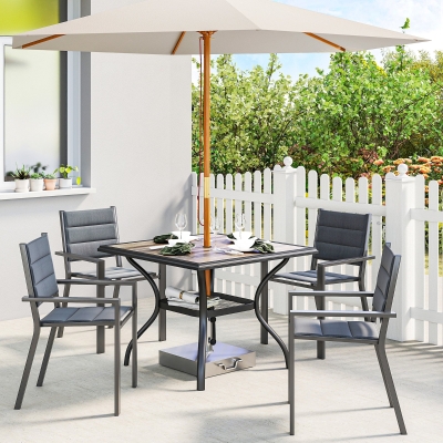 Outsunny Outdoor Dining Table for 4, Square Patio Table with Umbrella Hole, Shelf, Faux Wood Top for Garden, Backyard, Grey