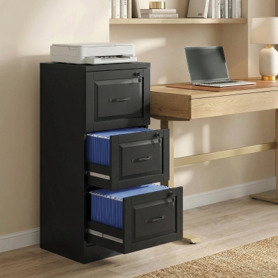 HOMCOM 3 Drawer File Cabinet with Lock, Vertical Filing Cabinet with Adjustable Hanging Bars for A4 and Letter Size, Black