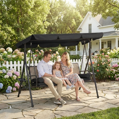 Outsunny Outdoor 3-Seat Porch Swing with Canopy, Rattan Seat, Removable Cushion, Pillows and Steel Frame