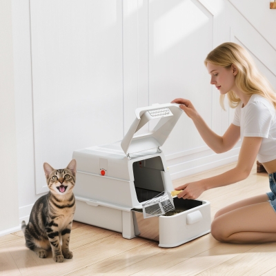 PawHut 80L XL Stainless Steel Cat Litter Box for Big Cats with Flip Cover, Pull-Out Drawer Tray, High Sided, Pedal, Light Grey