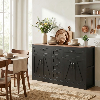 HOMCOM Sideboard Buffet Cabinet, 55" Farmhouse Kitchen Cabinet with 4 Barn Doors, 6 Drawers and 2 Adjustable Shelves, Black