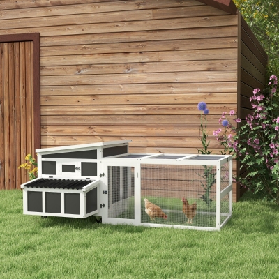 PawHut Wooden Chicken Coop, Rabbit Hutch with Large Run, Outdoor Poultry Cage with Nesting Box, Tray, Windows, Dark Grey
