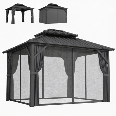 Outsunny 10' x 12' Hardtop Gazebo Canopy with Double Galvanized Steel Roof, Aluminium Frame Permanent Outdoor Gazebo, Dark Grey