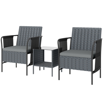 Outsunny 3 Piece Wicker Patio Furniture Set, Outdoor Bistro Set, Side Pockets, Mesh Seat, 2 Tier Glass Table, Cushions, Grey