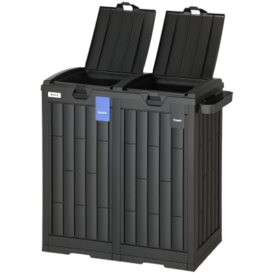 Outsunny 58 Gallon Double Outdoor Garbage Bin with Dual Lid, Plastic Outdoor Waste Trash Can with Ash Holder and Drip Trays