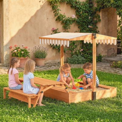 Qaba Kids Sandbox with Canopy, Wooden Sand Box with Foldable Picnic Table, Bench Seats, Liner, Cover, Gift for Ages 3-8