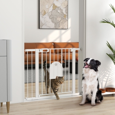 PawHut 30"-41" Extra Wide Pet Gate Barrier with Small Door, 30"H Dog Gate with Safety Gate Barrier, Stair Pressure Fit, White