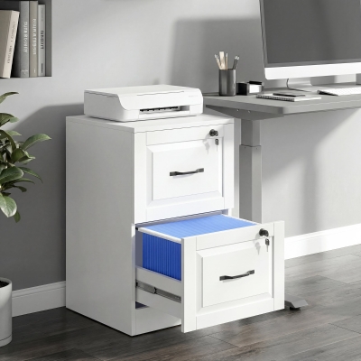 HOMCOM 2 Drawer File Cabinet with Lock, Vertical Filing Cabinet with Adjustable Hanging Bars for A4 and Letter Size, White