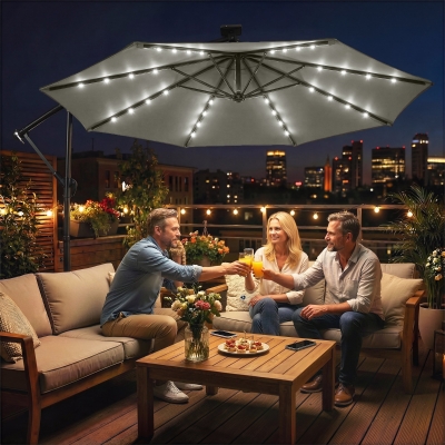 Outsunny 9.7 ft Cantilever Patio Umbrella with Solar Light, Garden Hanging Parasol with Cover, Tilt, Crank, Grey
