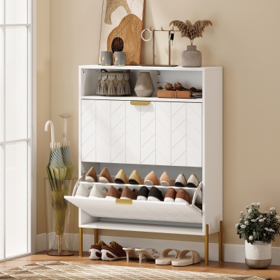 HOMCOM Shoe Cabinet with 2 Flip Drawers, Modern Narrow Shoe Storage Cabinet with Open Compartment, Adjustable Shelves, White