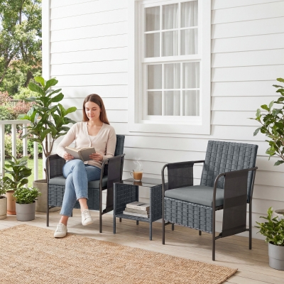 Outsunny 3 Piece Wicker Patio Furniture Set, Outdoor Bistro Set, Side Pockets, Mesh Seat, 2 Tier Glass Table, Cushions, Grey