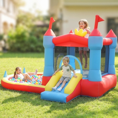 Qaba Bouncy Castle for Kids, Inflatable Bounce House with Slide, Pool/Ball Pit, Basketball Hoop and Blower for Indoor Outdoor