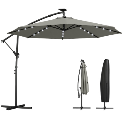 Outsunny 9.7 ft Cantilever Patio Umbrella with Solar Light, Garden Hanging Parasol with Cover, Tilt, Crank, Grey