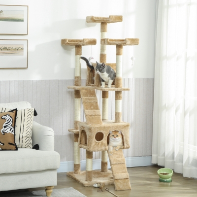 PawHut 68-inch Multi-Level Cat Scratching Tree Kitty Activity Center Post Tower Condo Pet Furniture w/ Toy Light Brown