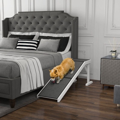 PawHut Pet Ramp Bed Steps for Dogs Cats Non-slip Carpet Top Platform Pine Wood 59"L x 16"W x 20"H White