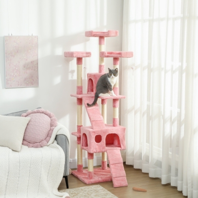 PawHut 68-inch Multi-Level Cat Scratching Tree Kitty Activity Center Post Tower Condo Pet Furniture w/ Toy Pink