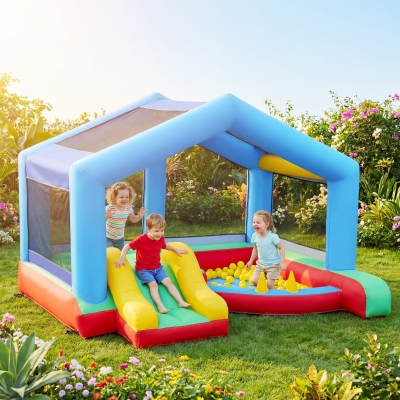 Qaba Bouncy Castle for Kids, Inflatable Bounce House with Slide, Ball Pit, Ring Toss Game, Sunshade and Blower