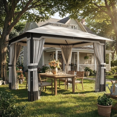 Outsunny 10' x 12' Patio Gazebo, Double Roof Outdoor Gazebo Canopy Shelter with Netting and Curtains, Steel Frame, Light Grey