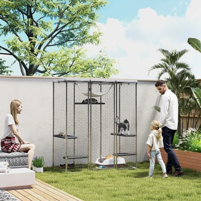 PawHut Outdoor Cat Enclosure, Steel Cage with Cover & Hammock