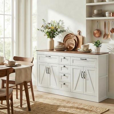 HOMCOM Sideboard Buffet Cabinet, 55" Farmhouse Kitchen Cabinet with 4 Barn Doors, 6 Drawers and 2 Adjustable Shelves, White