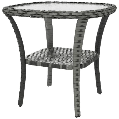 Outsunny Outdoor Coffee Table with Storage Shelf, Hand-Woven Wicker Side Table with Water-Ripple Glass Top, Mix Grey