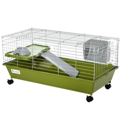 PawHut Small Animal Cage, Rolling Bunny Cage, Guinea Pig Cage with Food Dish, Water Bottle, Hay Feeder, Platform, Ramp, Green