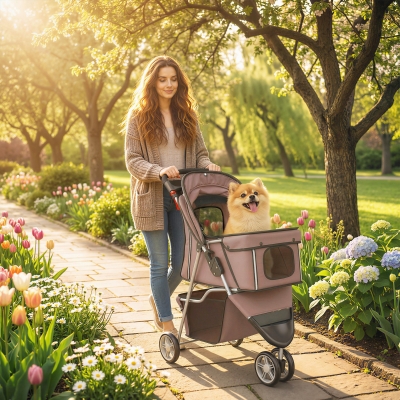 PawHut 3 Wheels Foldable Dog Stroller with Storage Basket, Adjustable Canopy, Cupholder for Miniature and Small Dogs, Coffee